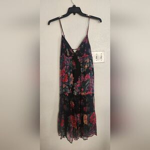 Candela NYC Black Floral Tiered Silk Dress Size Small